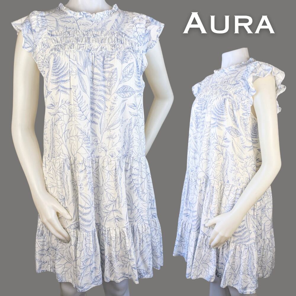 Aura Minidress Babydoll Medium White Blue Botanical Print Tiered Ruffled Smocked
